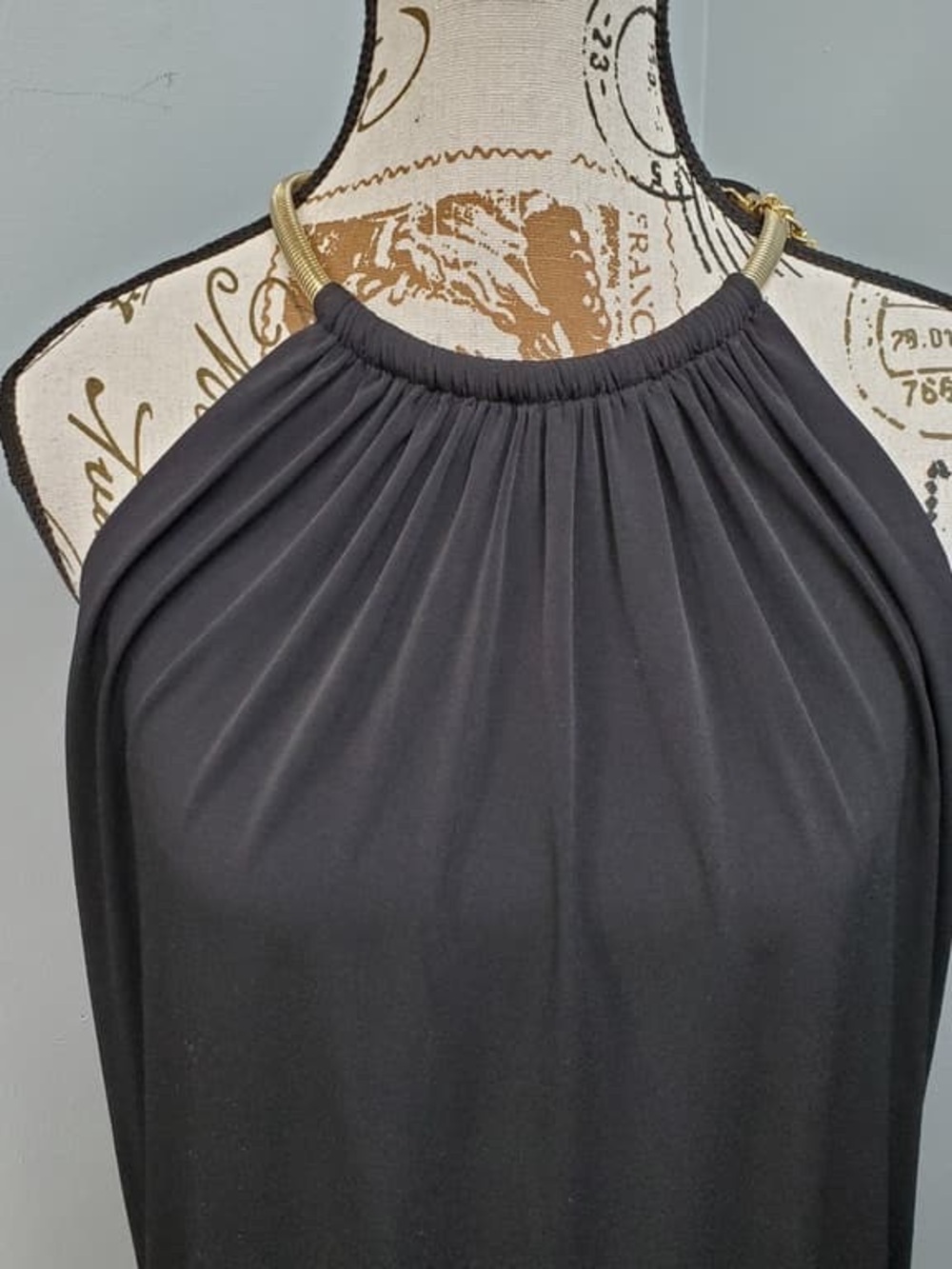 Sleeveless Black Halter Top with Gold Chain Detail